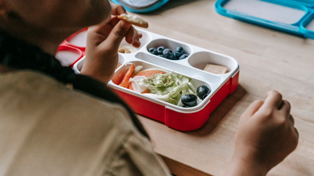 Crop faceless teenage sitting at wooden table with lunch box full of healthy food